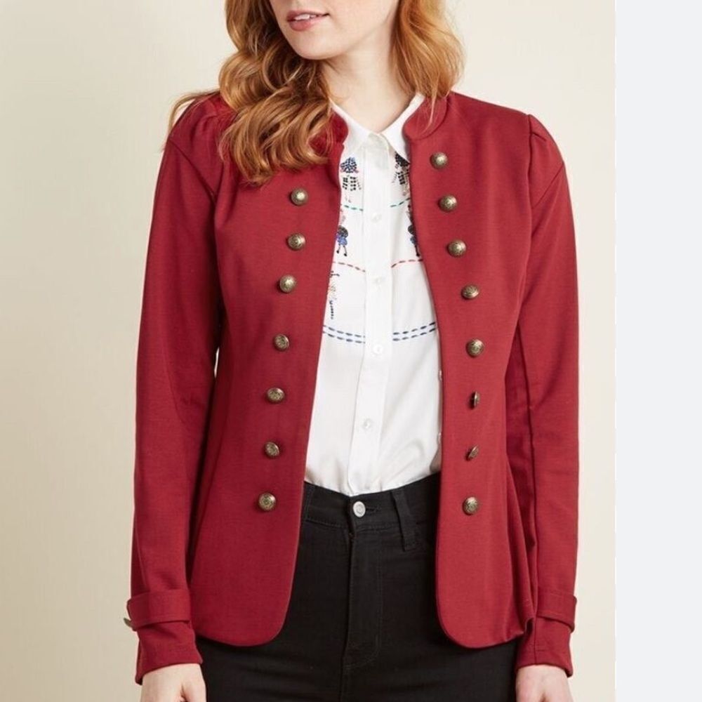 ModCloth Deep Red Double Metallic Button Row Military Style Blazer Jacket
